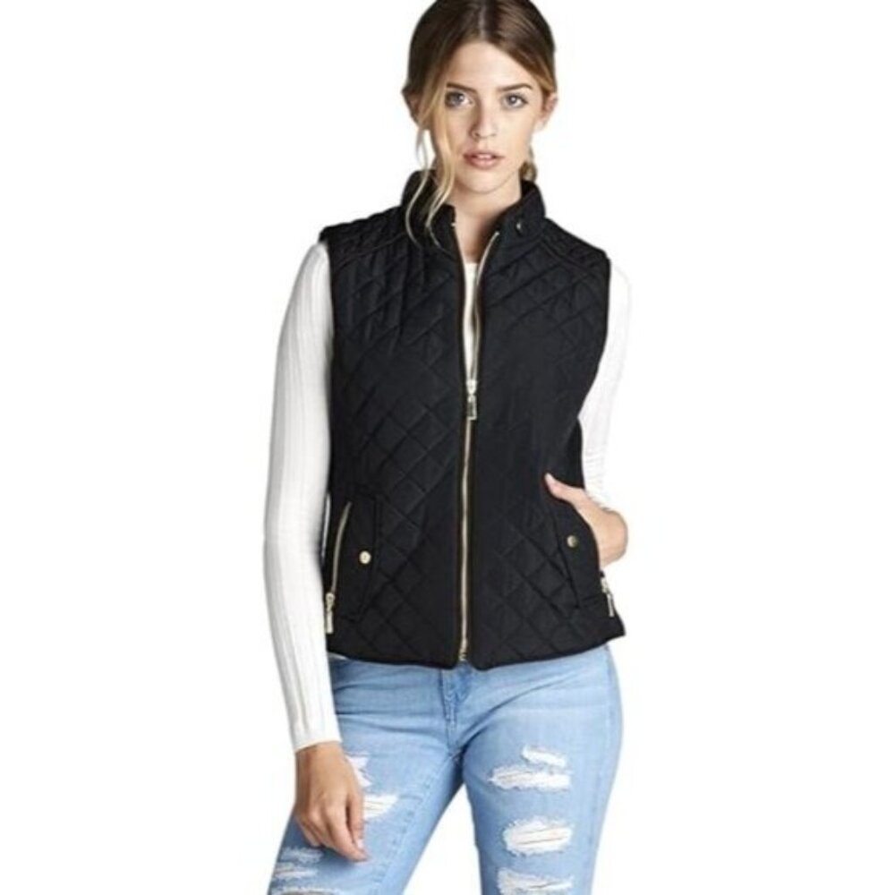 Active Basic Black Quilted Vest With Suede Piping & Gold Hardware